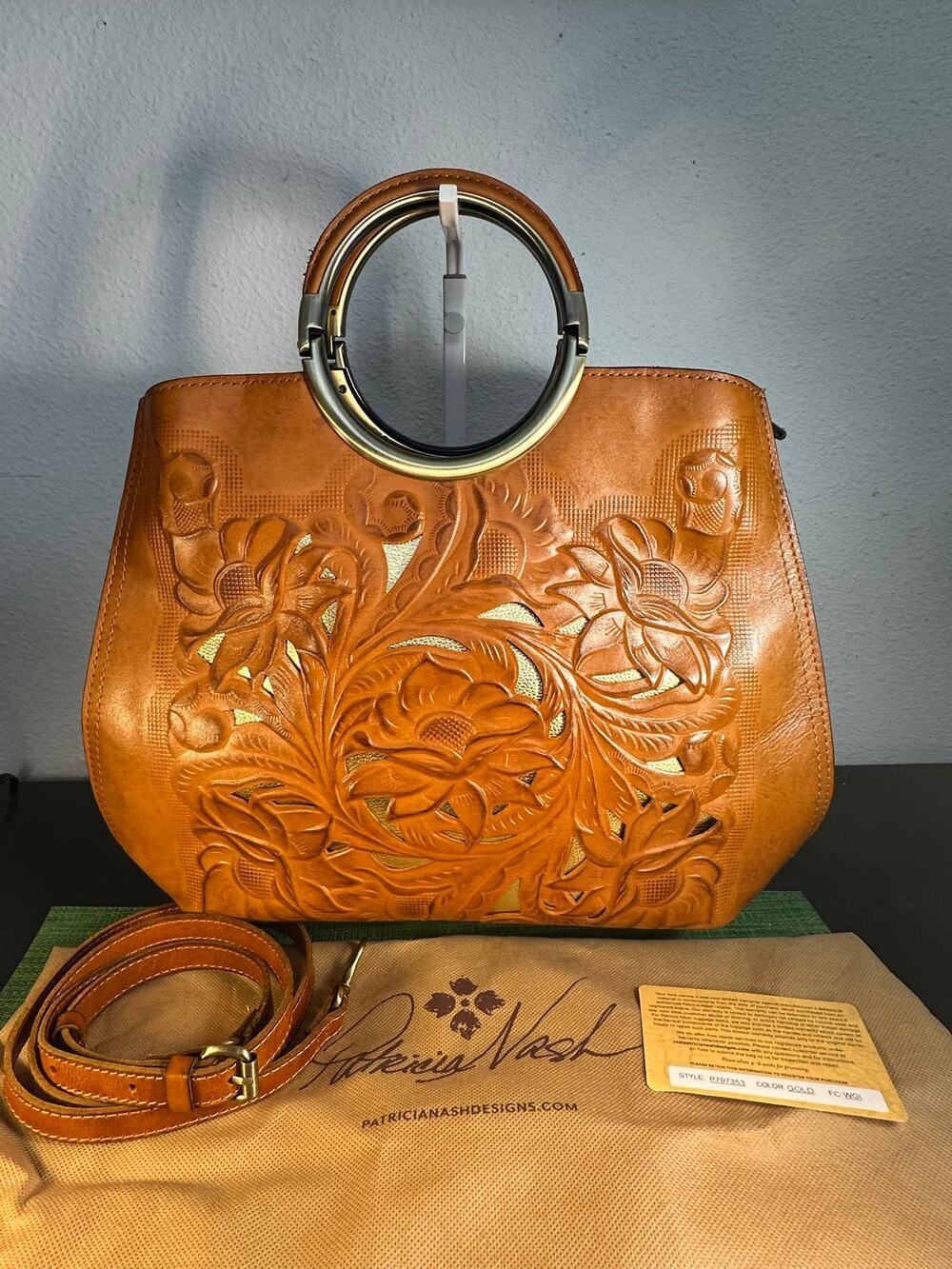 Patricia Nash Aria Shopper Tan Tooled Leather Ring Handle Crossbody Bag